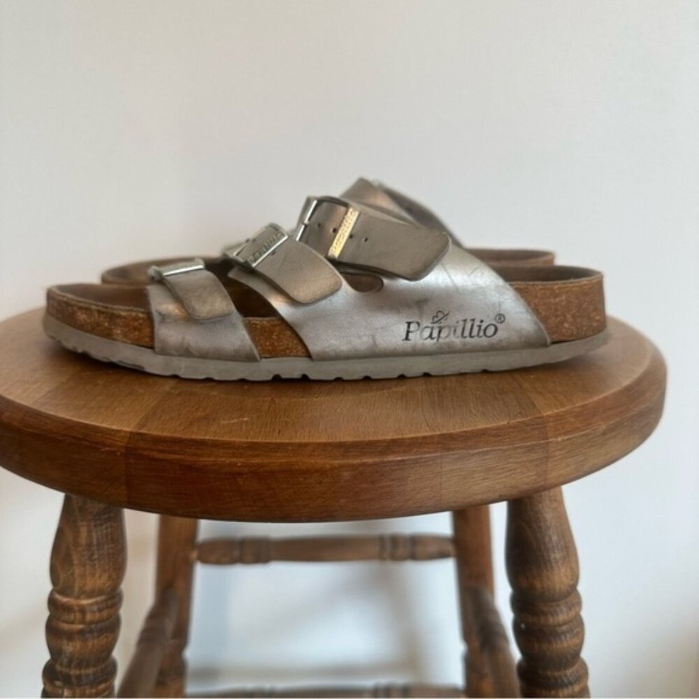 Birkenstock Papillio Florida Silver Sandal Womens Size EU 39 US 8 Triple Strap - Picture 6 of 11